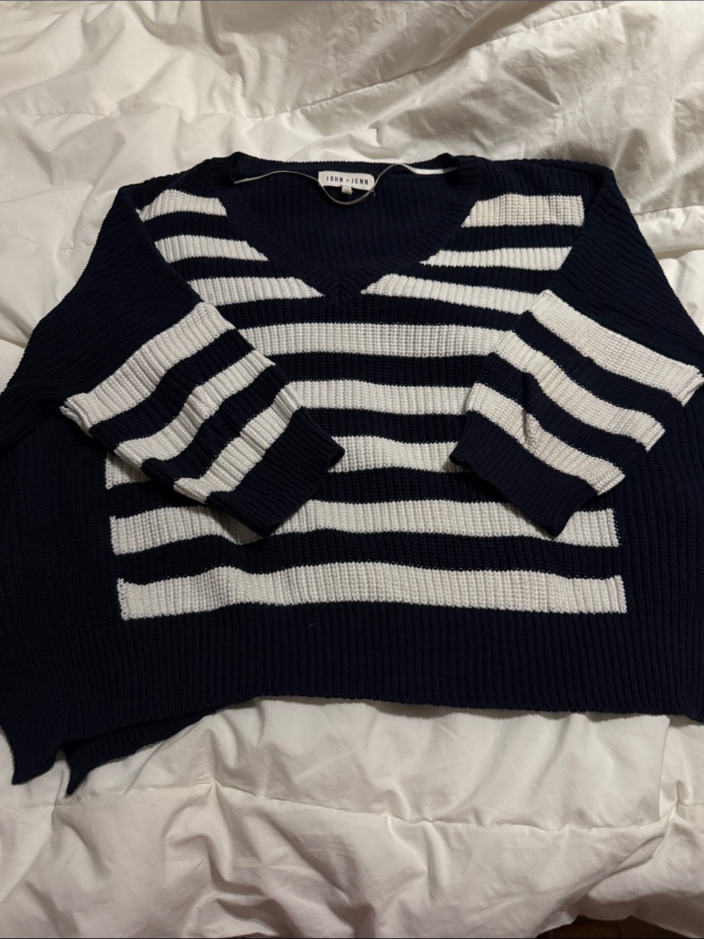John + Jenn Navy and White Striped V-Neck Knit Sweater